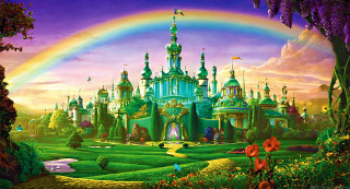 Castle rainbow painting sky background - matte fantasy painting free wallpaper for desktop