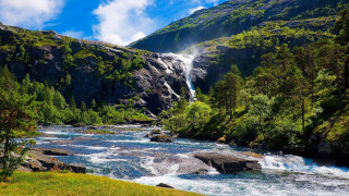 Waterfall river trees grass rocks - rock and grass free wallpaper