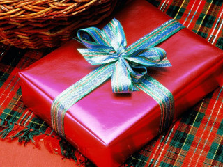Red present box blue ribbon - present free wallpaper