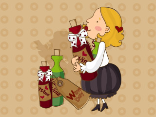 Woman sitting ground wine bottle - illustration free wallpaper