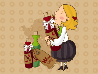 Woman sitting ground wine bottle 2 - illustration free wallpaper