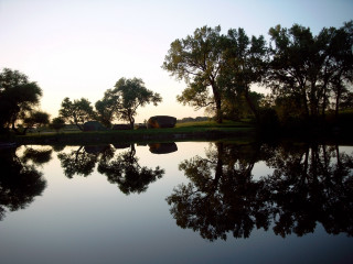Lake trees house sunset dawn - reflection free wallpaper