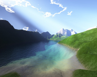 Lake mountains grass sky sunbeams 2 - mountain and grass free wallpaper