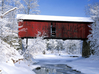 Red covered bridge snow stream 2 - alson s. clark free wallpaper