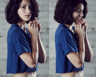 Woman blue shirt posing hands - short hair free wallpaper
