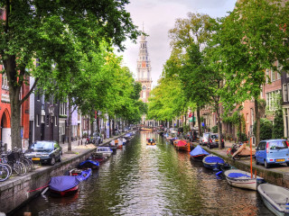 Canal boats parked cars church - dirck de bray free wallpaper