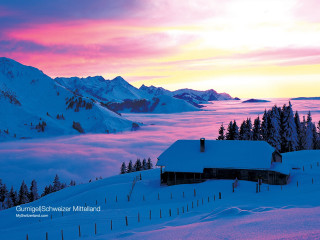 Snowy mountain house pink sky - a pink sky in the background free wallpaper