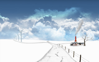 Snowy landscape road windmills house 4 - left free wallpaper