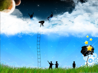 Group people ladder cloudy sky - a ladder free wallpaper