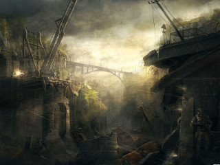 Bridge river man standing distance - apocalyptic free wallpaper