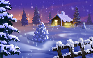 Snowy cabin fence night sky 2 - star free wallpaper