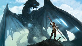 Woman sword dragon wings claws - a giant dragon free wallpaper