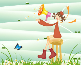 Girl stool megaphone butterfly flying 2 - her hand and a butterfly free wallpaper