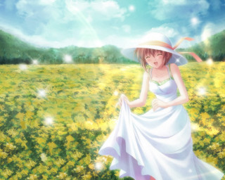 Woman white dress hat field 2 - impressionism free wallpaper