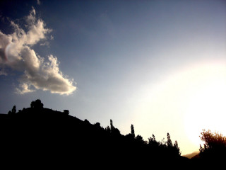 Sunset clouds hill trees volumetric - free sunset wallpaper for desktop