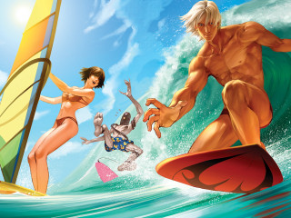 Man woman surfing wave ocean - in the ocean free wallpaper