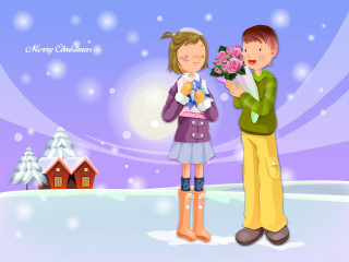 Boy giving girl bouquet snow 2 - a boy free wallpaper