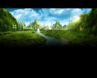 Green landscape river clouds bridge - a bridge in the distance free wallpaper