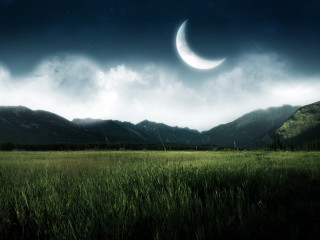 Crescent moon grassy field mountains 3 - a crescent moon free wallpaper