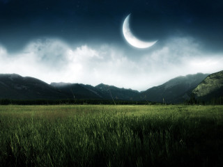 Crescent moon grassy field mountains 2 - a crescent moon free wallpaper
