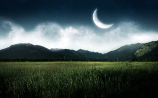 Crescent moon grassy field mountains 5 - a crescent moon free wallpaper