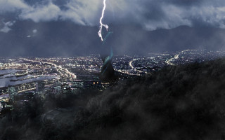 Lightning bolt city night sky - over a city free wallpaper
