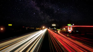 Night highway lights stars aurora - long exposure free wallpaper