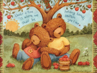 Teddy bears hugging under tree - two teddy free wallpaper
