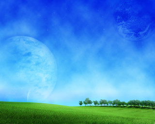 Green field trees blue sky 14 - a distant planet in the distance free wallpaper