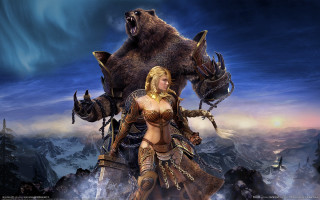 Woman bikini bear mountains sword - a bear free wallpaper