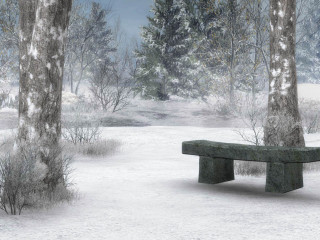 Snowy park bench trees mountains 2 - a bench in a snowy park free wallpaper