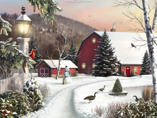 Snowy country scene red barn - a bird in the foreground free wallpaper