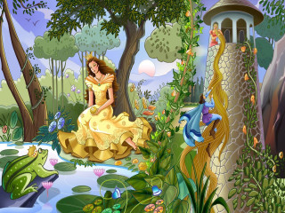 Woman yellow dress rock forest - a painting of a woman free wallpaper