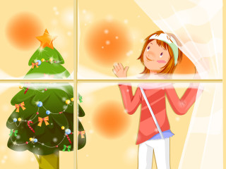 Girl looking out window christmas 4 - storybook illustration free wallpaper for desktop