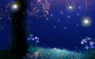 Night tree lights flowers foreground - chiho aoshima free wallpaper