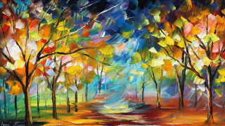 Colorful forest trees road painting - impressionist painting free wallpaper for desktop