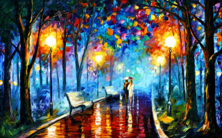 Couple umbrella tree rain streetlight - impressionism free wallpaper