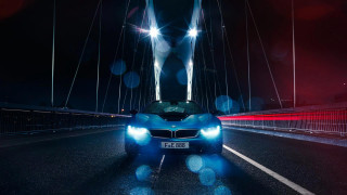 Blue car bridge night headlights - the front free wallpaper
