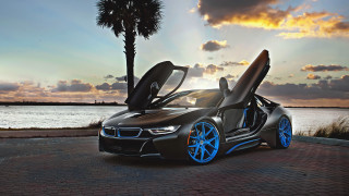 Bmw sports car doors open - gradient light blue free wallpaper