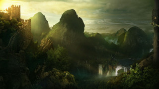 Castle forest river mountain painting - christophe vacher free wallpaper for desktop