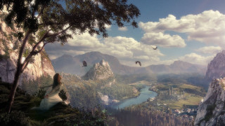 Woman cliff valley river birds - a cliff free wallpaper