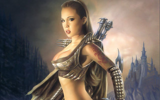 Futuristic woman sword outfit holding - a castle in the background free wallpaper
