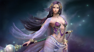Fantasy woman purple dress sword - fantasy style free wallpaper