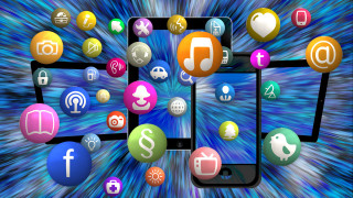 Cell phones icons blue background - technology free wallpaper