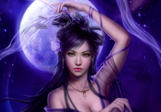 Woman feather moon purple background - free cyberpunk wallpaper for desktop