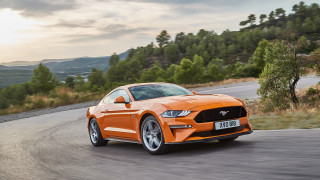 Orange mustang driving mountains trees - the mountain free wallpaper for desktop