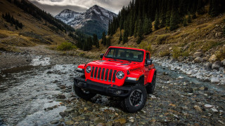 Red jeep rocky stream mountains - the mountain free wallpaper