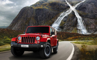 Red jeep waterfall mountain cloudy - a road next free wallpaper