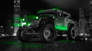 Green jeep black background city - computer art free wallpaper for desktop