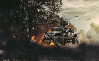 Jeep driving forest fire smoke - apocalyptic free wallpaper